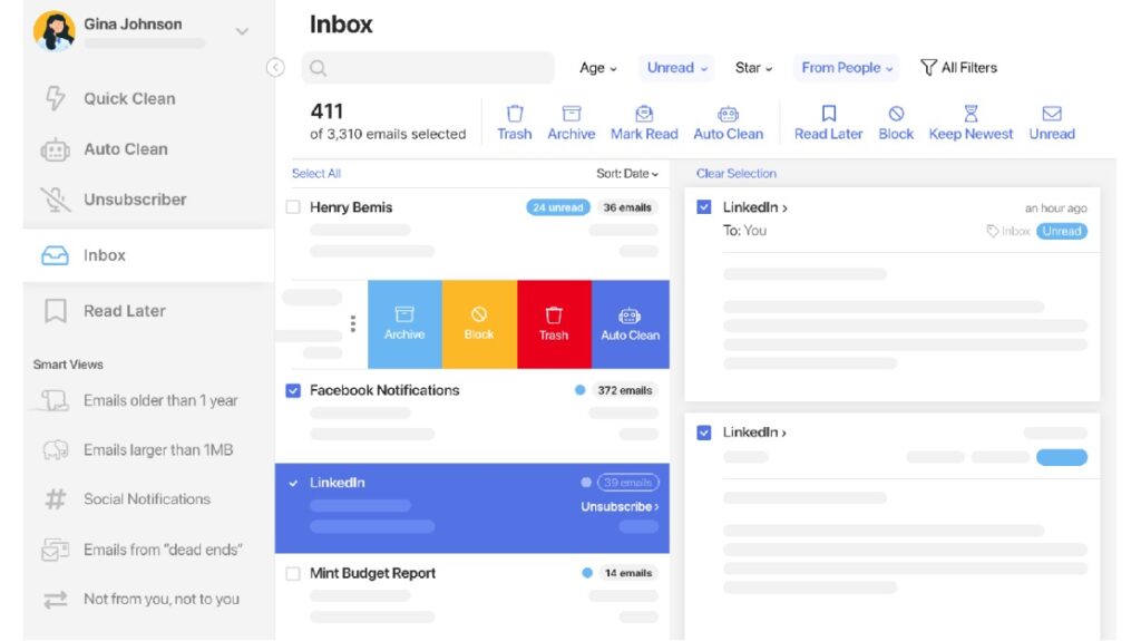 Interface centrale de Clean Email