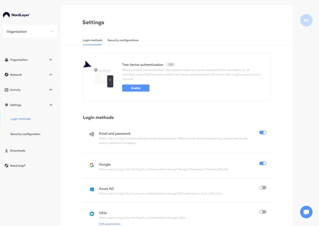 Les réglages possibles sur Nordlayer
