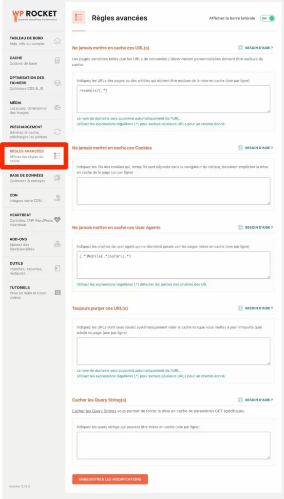 Règles avancées WP Rocket