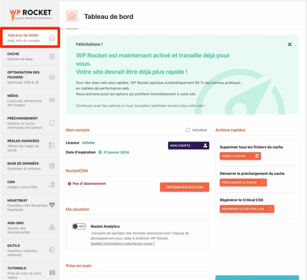 Tableau de bord WP Rocket