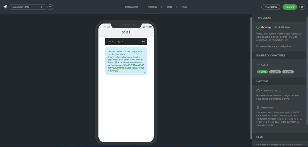 Aperçu de l'interface des campagnes SMS de Sarbacane