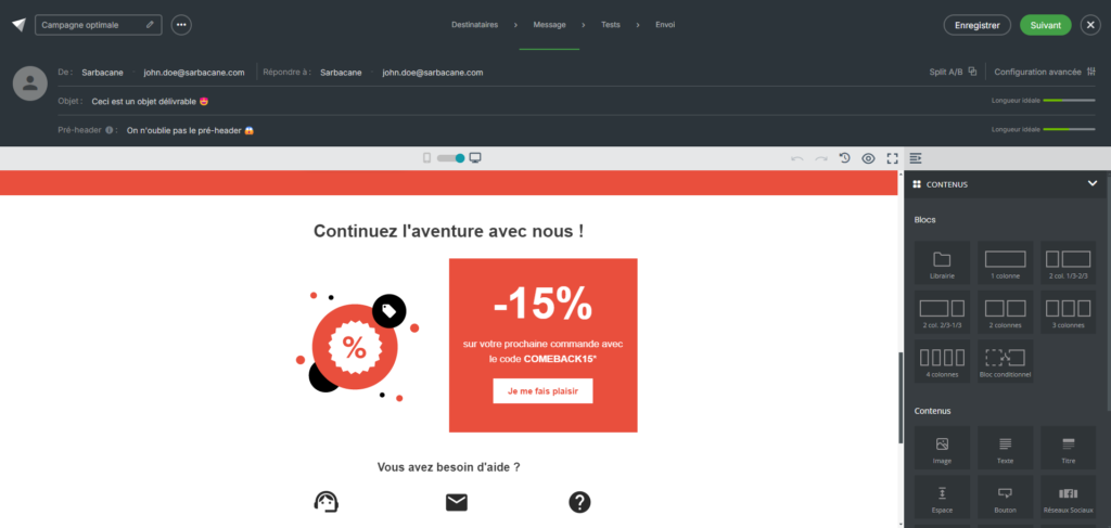 Aperçu de l'interface d'édition d'une campagne emailing
