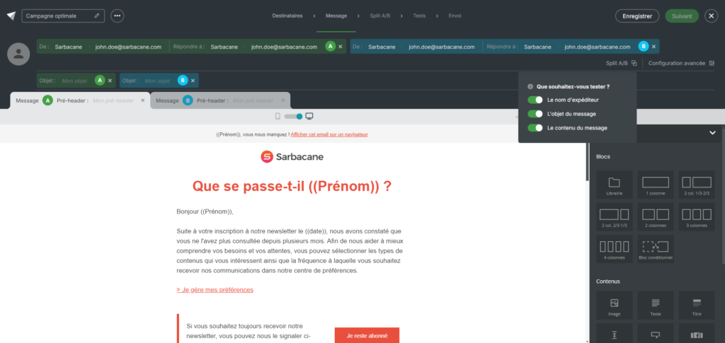 Aperçu de l'interface d'A/B testing de Sarbacane Campaigns