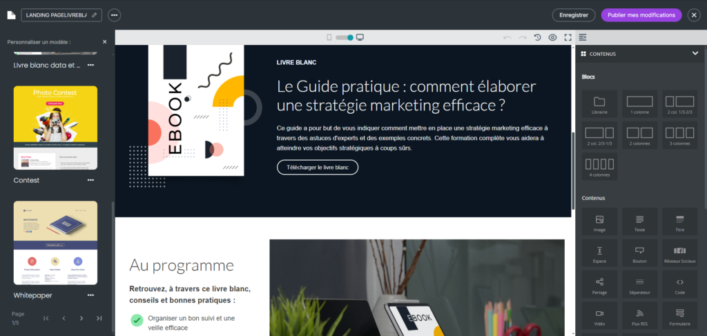 Aperçu de l'interface d'édition des pages