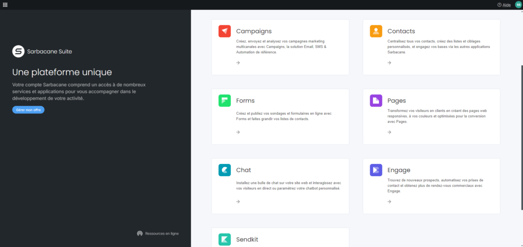 Aperçu de l'interface de Sarbacane Suite