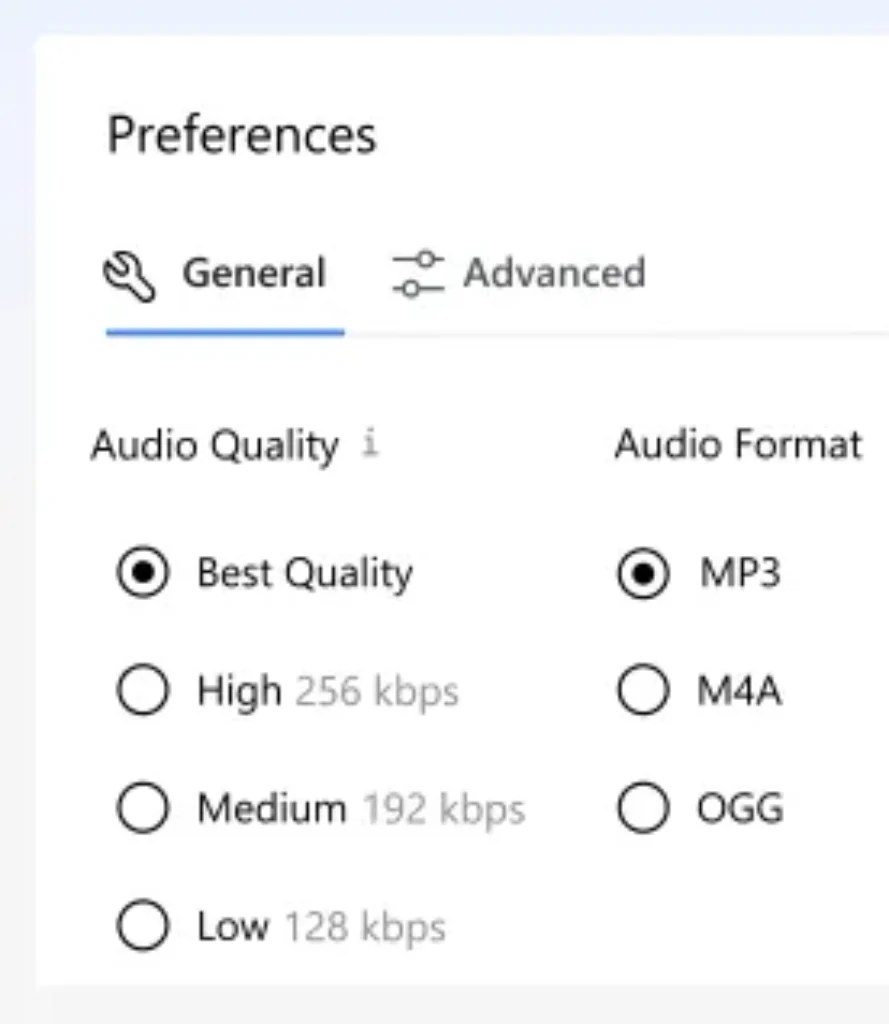 Aperçu des options d'export de 4K YouTube to MP3