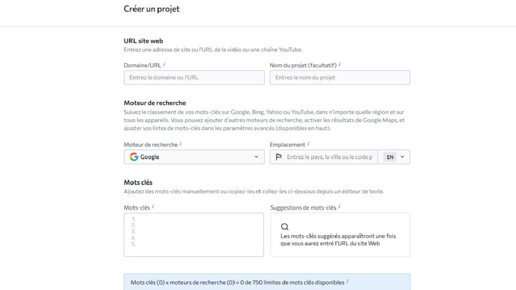 Aperçu page de création projet -SE Ranking