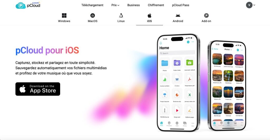 Aperçu de l'application iOS de pCloud