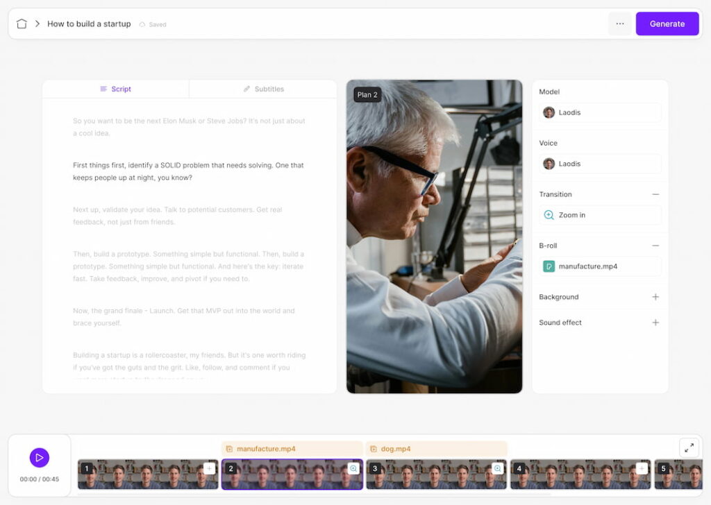 Argil AI - Aperçu de l'interface de génération de vidéo par IA avec gestion du script