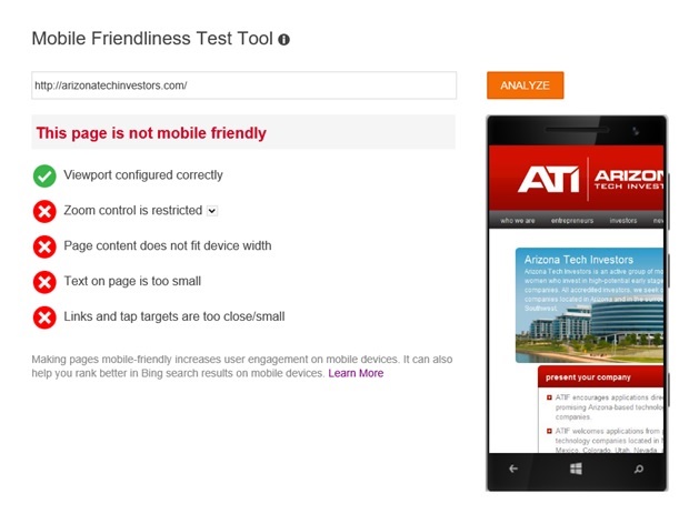 non mobile friendly bing
