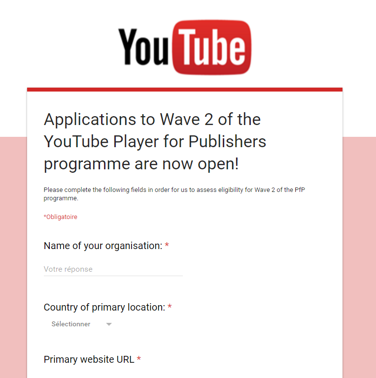 formulaire youtube player publishers