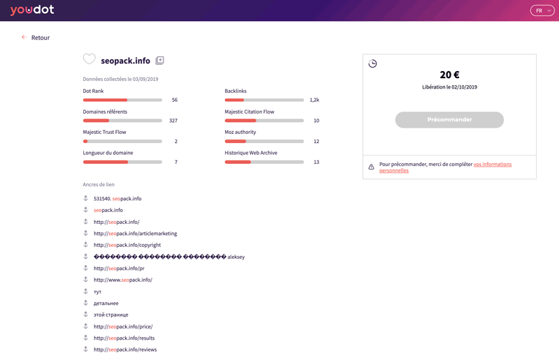 informations domaine expiré youdot