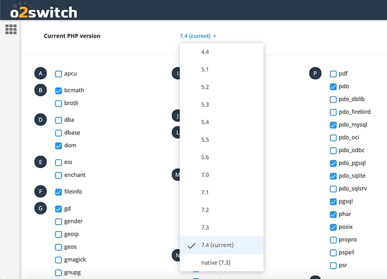 choisir version php o2switch