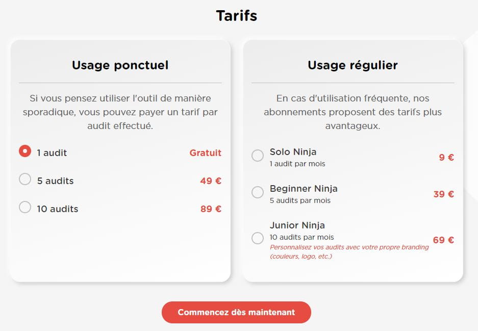 Prix Audit.Ninja, solution d'audit automatique de campagnes google ads
