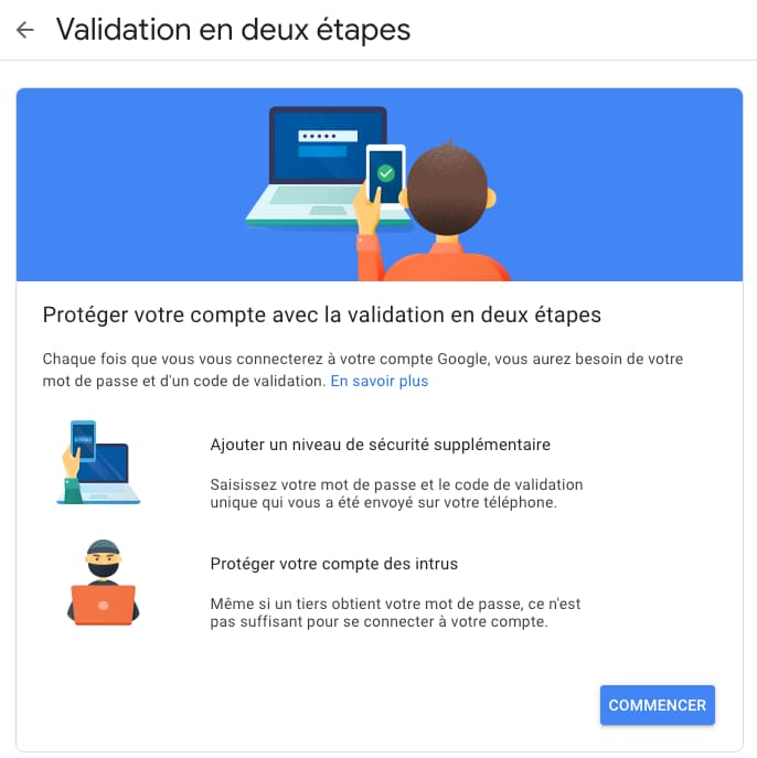 validation deux étapes connexion compte google