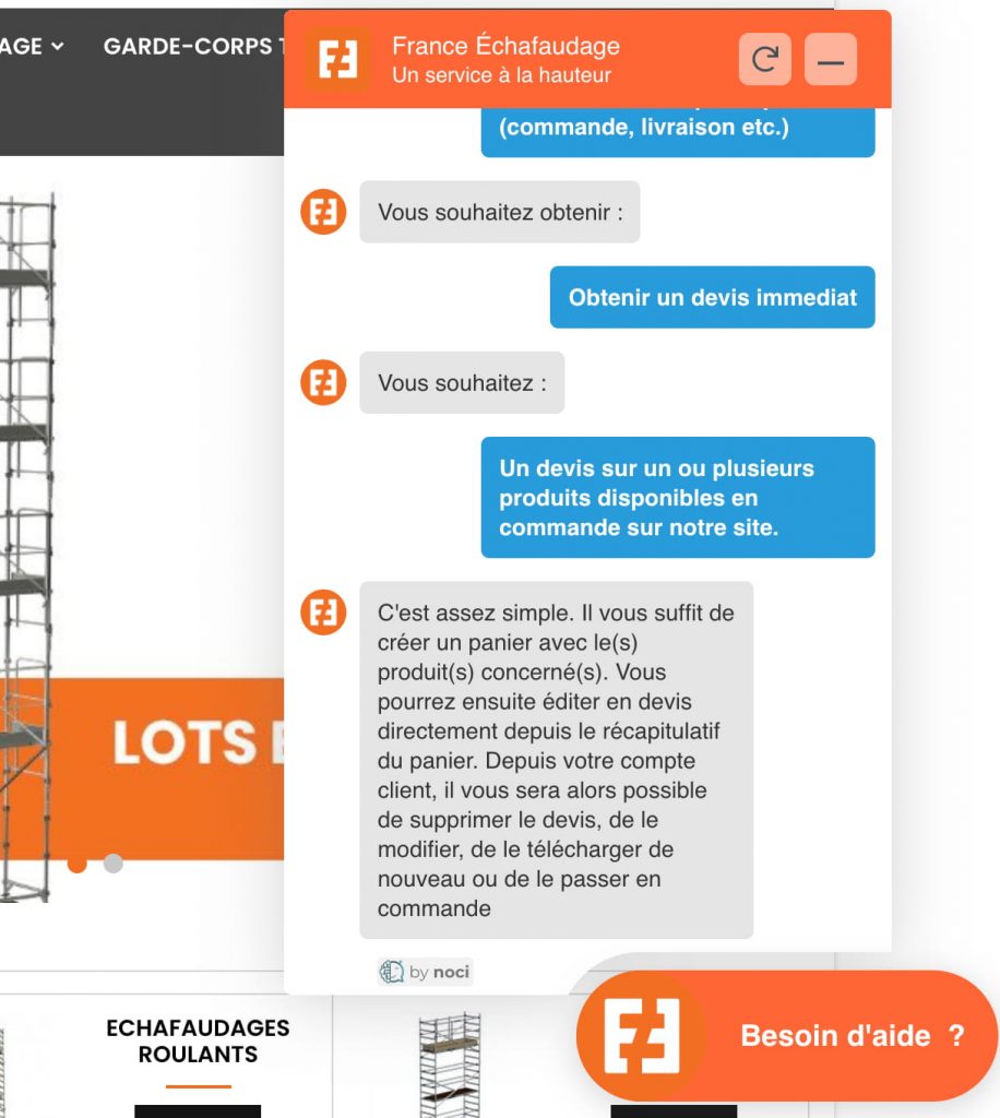 chatbot e-commerce noci france echafaudage
