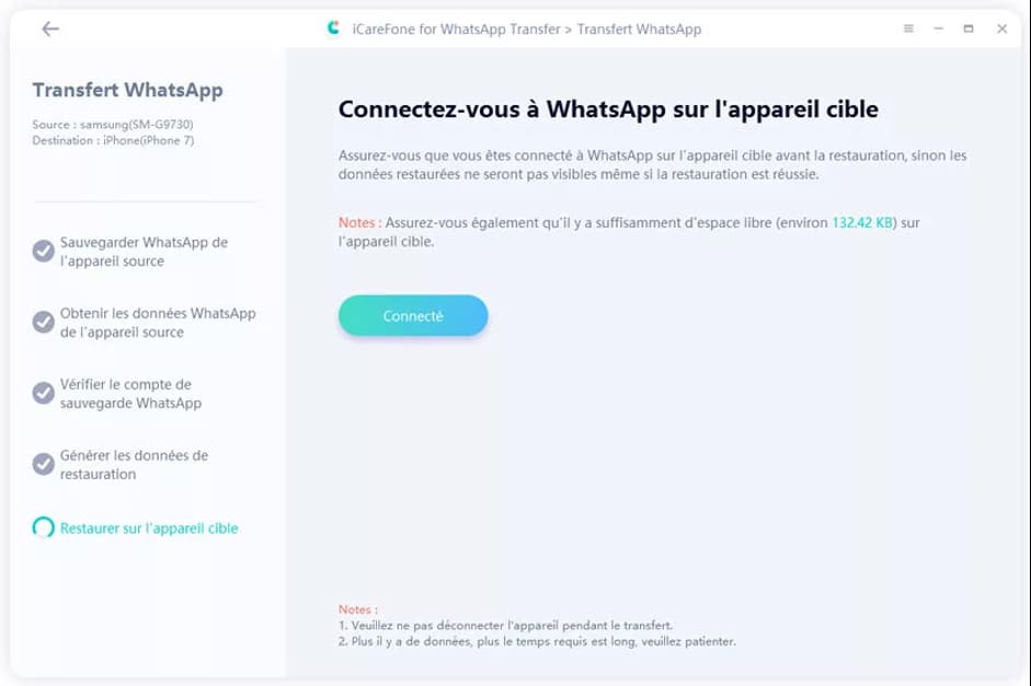ICAREFone Transfer Data WhatsApp: WhatsApp Connection