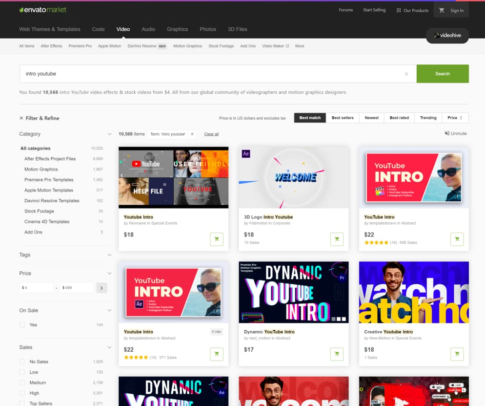 VideoHive site overview with search "youtube intro"