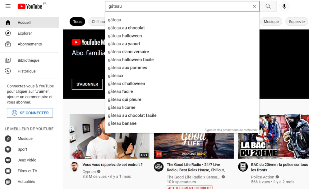 Suggestion de mots sur YouTube