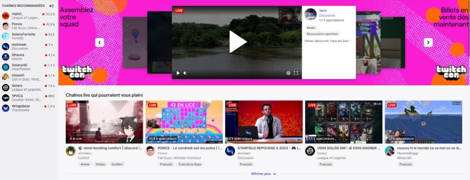 Overview of the Twitch homepage