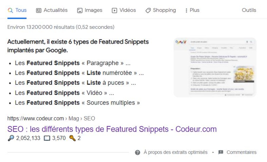 Example of Featured Snippets in list