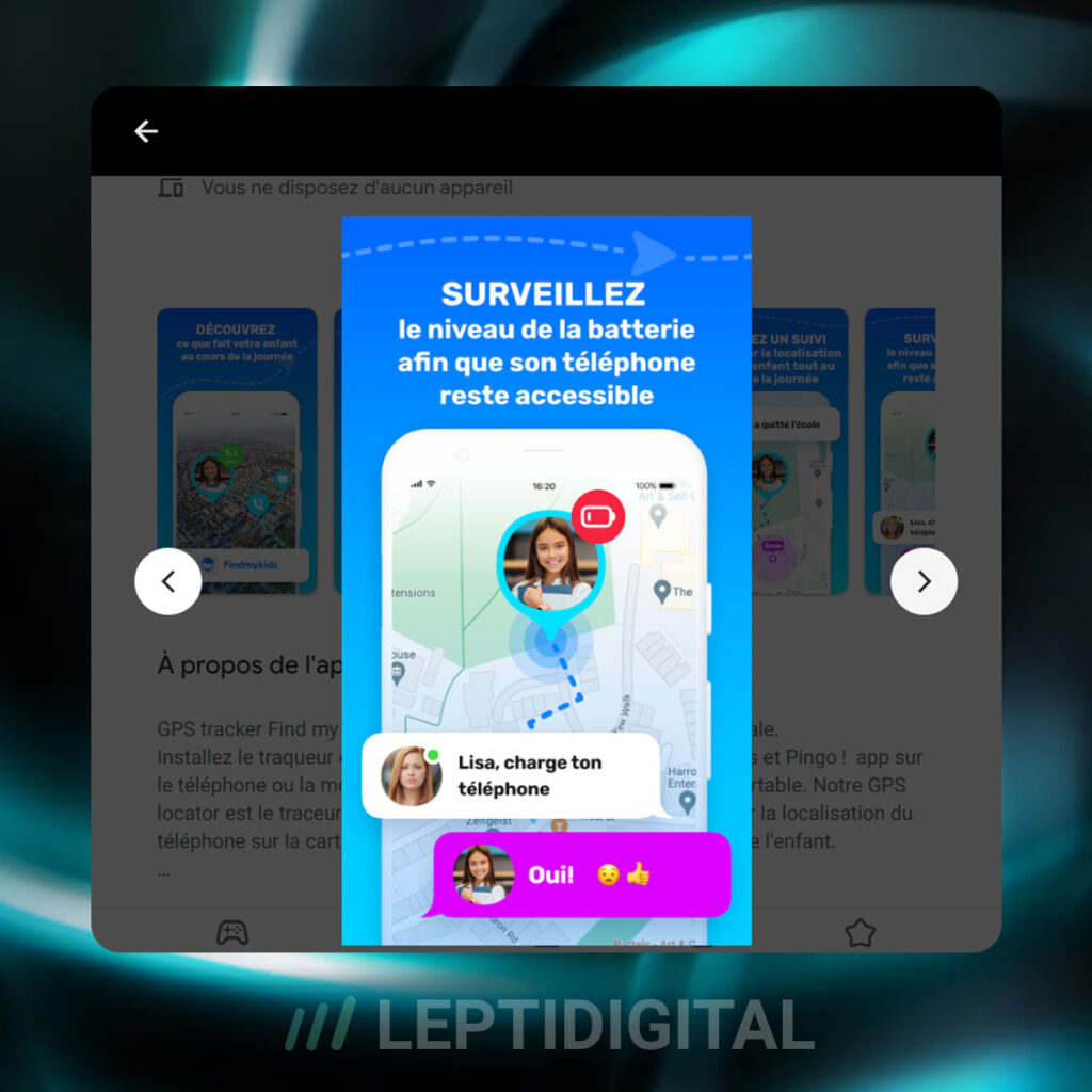 Aperçu de l'application FindMyKids sur PlayStore et de son interface d'utilisation