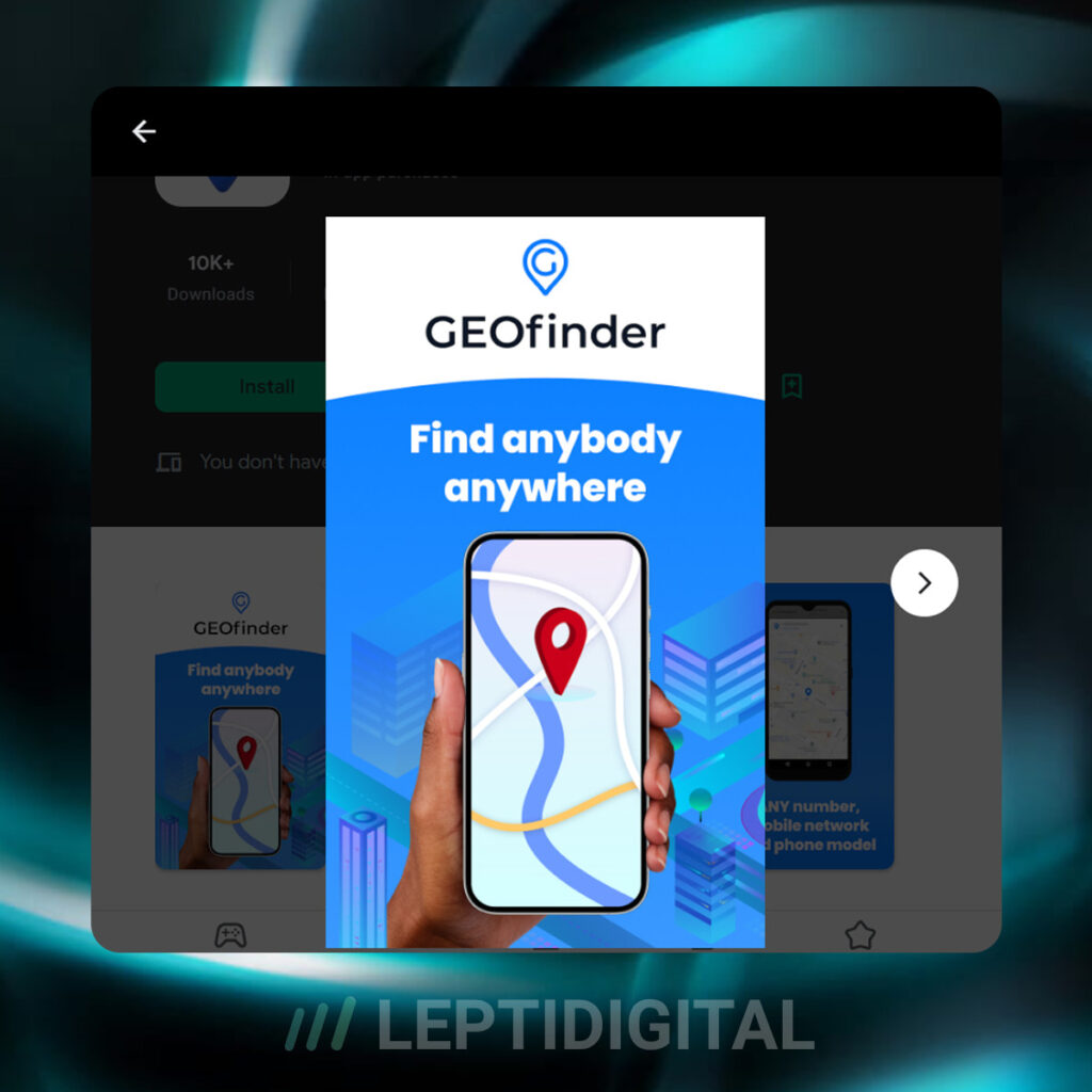 Aperçu de l'application GeoFinder dans PlayStore et de son interface d'utilisation