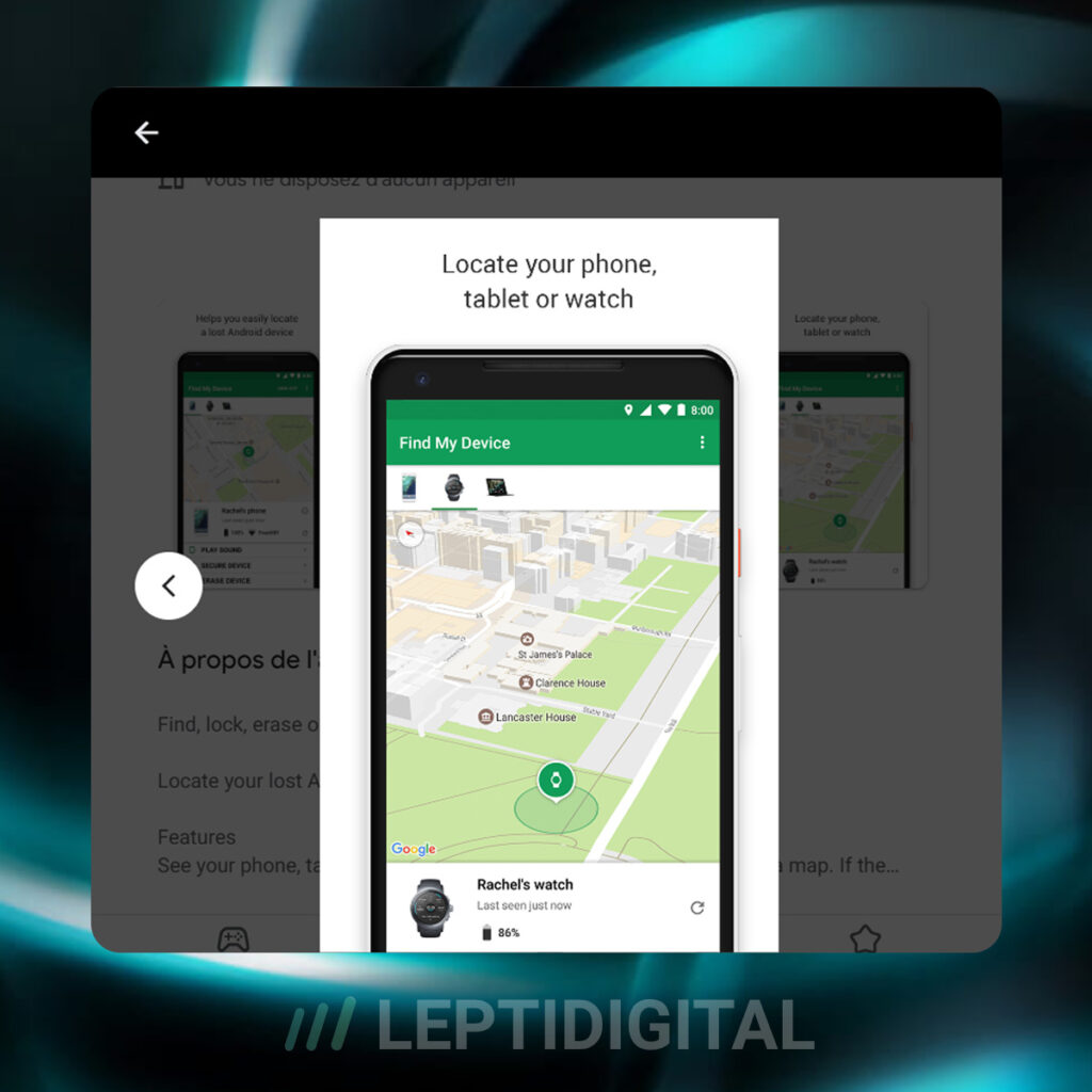 Aperçu de l'application Google FindMyDevice dans PlayStore et de son interface d'utilisation