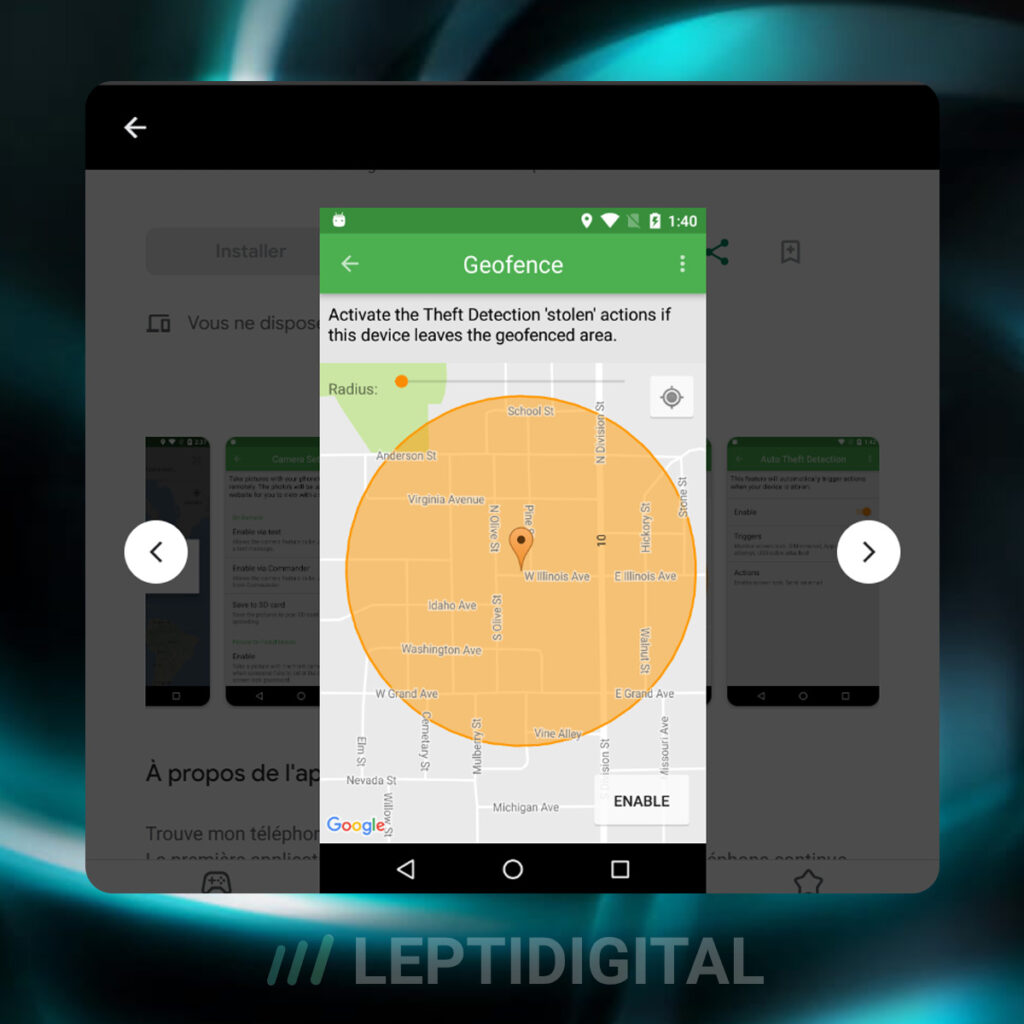 Aperçu de l'application Where's My Droid sur PlayStore et se son interface d'utilisation
