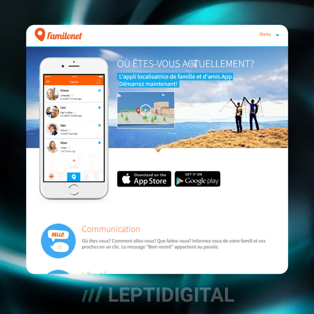 Aperçu du site web Familonet et de son interface d'utilisation