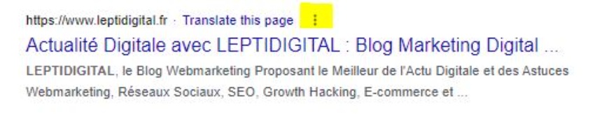 Le bouton pour afficher l'onglet "about this result" sur Google (surligné en jaune)
