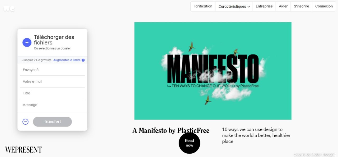 Page d'accueil du site WeTransfer (image dynamique)