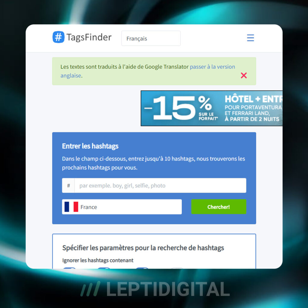 Aperçu du site web TagsFinder et de son interface d'utilisation