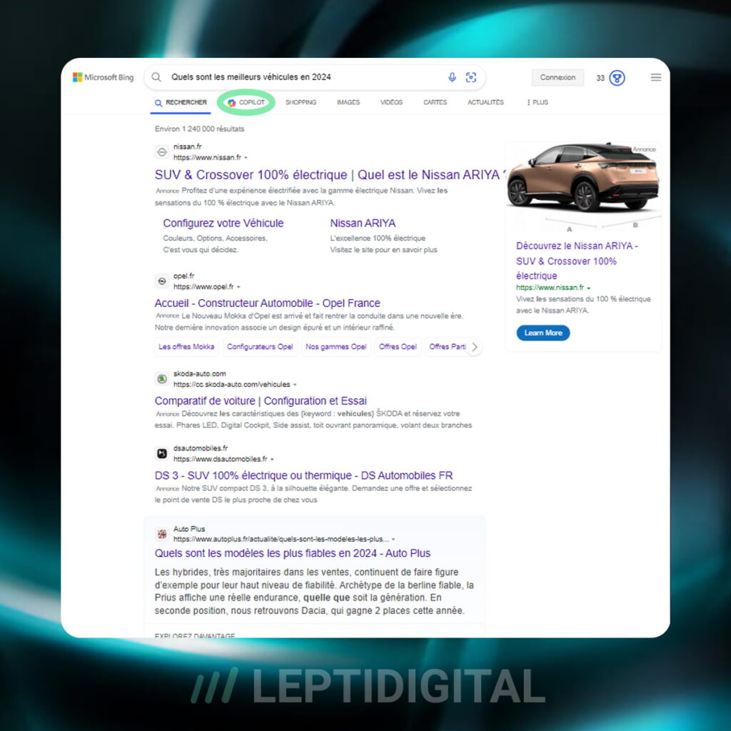 copilot interface requête bing
