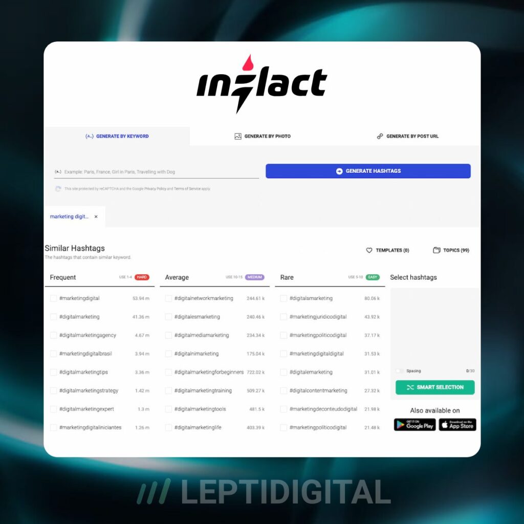 Aperçu du générateur de hashtags d'Inflact