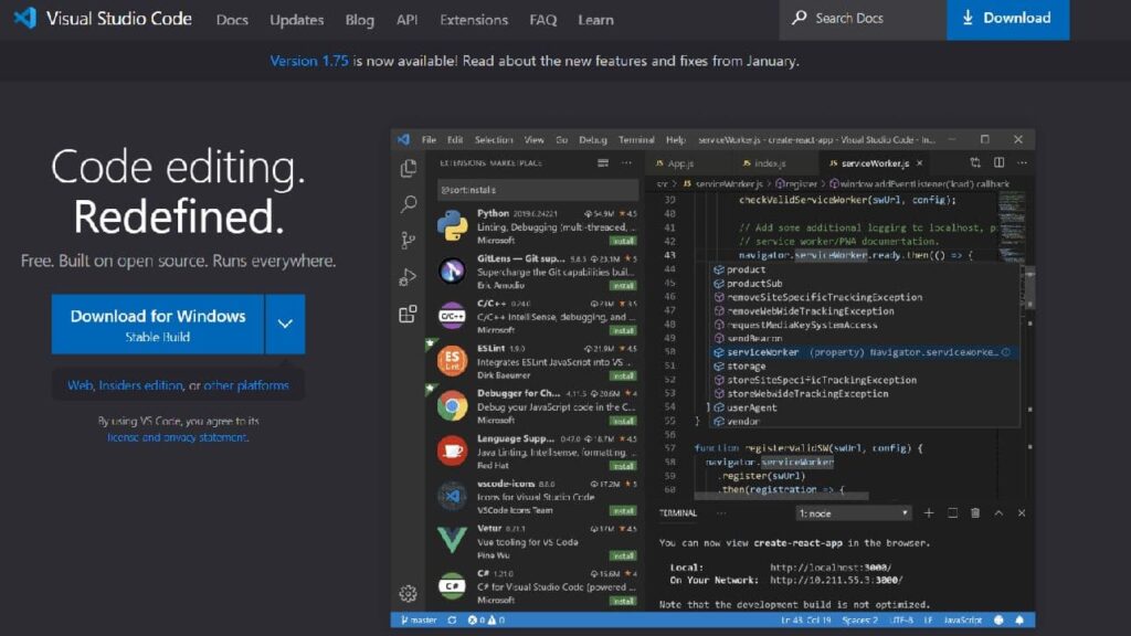 Page d'accueil de l'outil Visual Studio Code