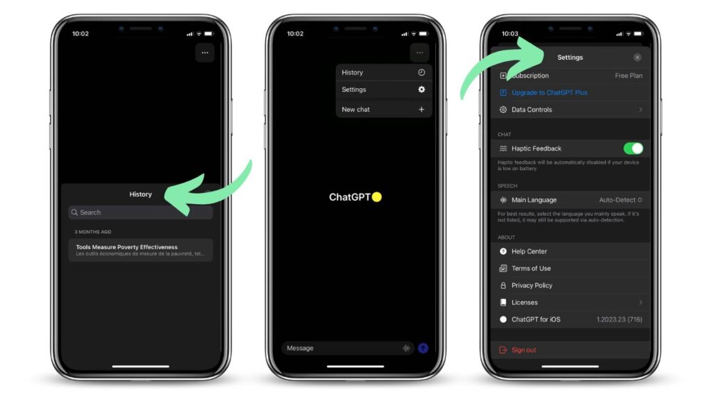 Accéder à l'historique des chats et aux réglages sur l'application ChatGPT
