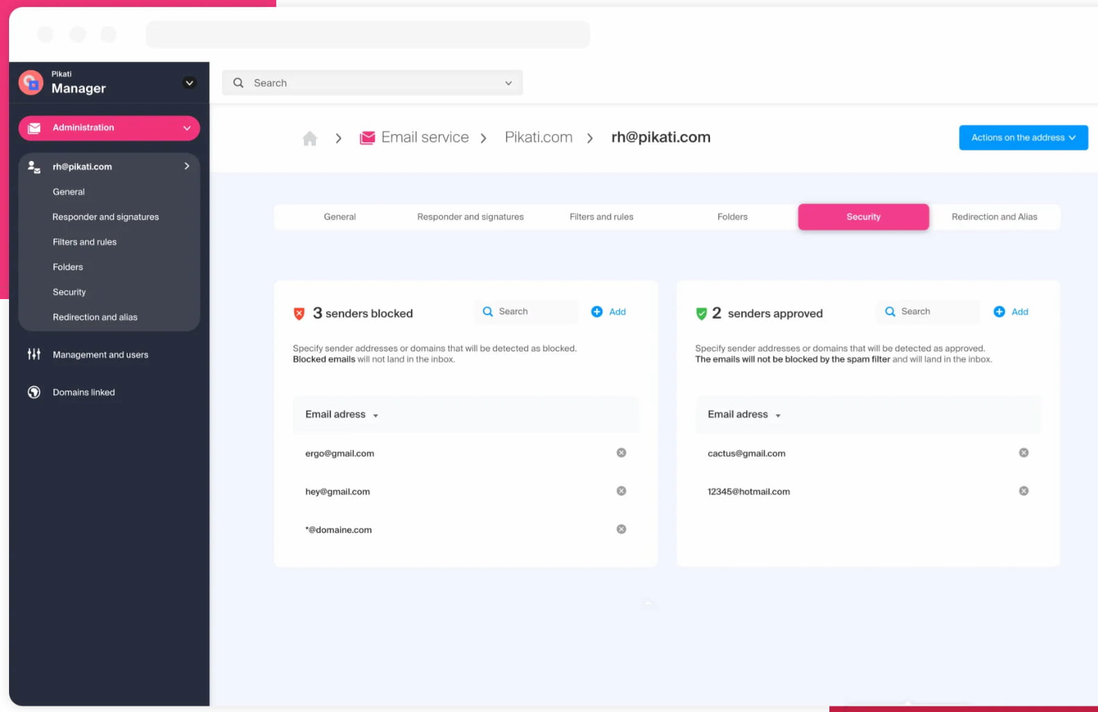 Interface d'administration de l'hébergeur de mails d'Infomaniak