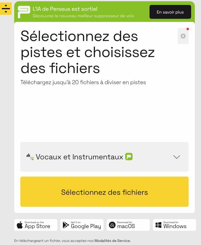 Aperçu de l'interface de Lalal.ai pour séparer une instru des voix d'une musique