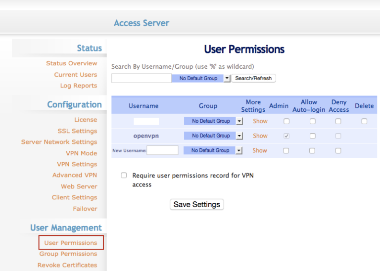 Aperçu de l’interface de Open VPN