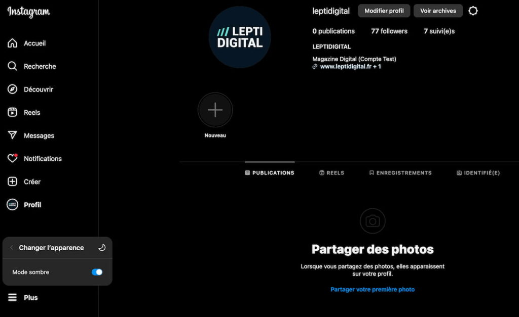 Instagram mode sombre sur ordinateur
