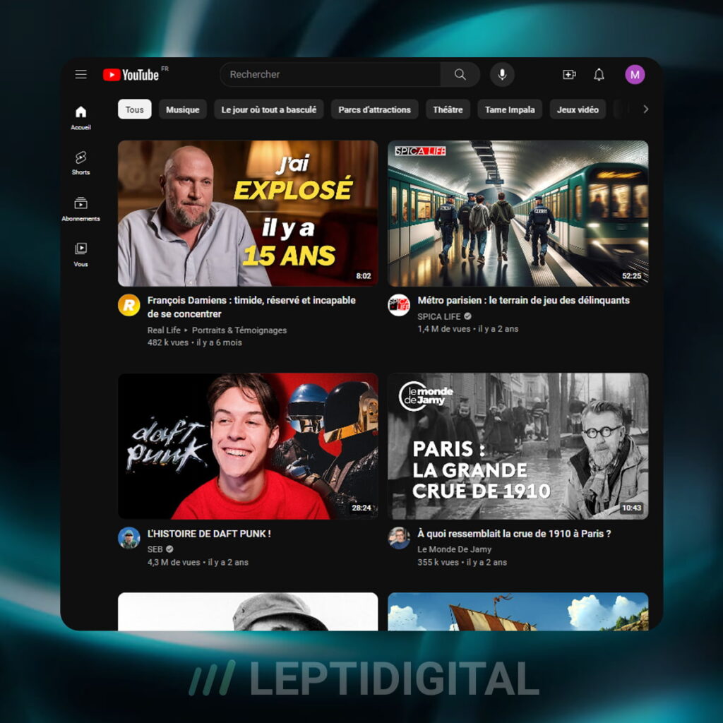 La page d'accueil YouTube