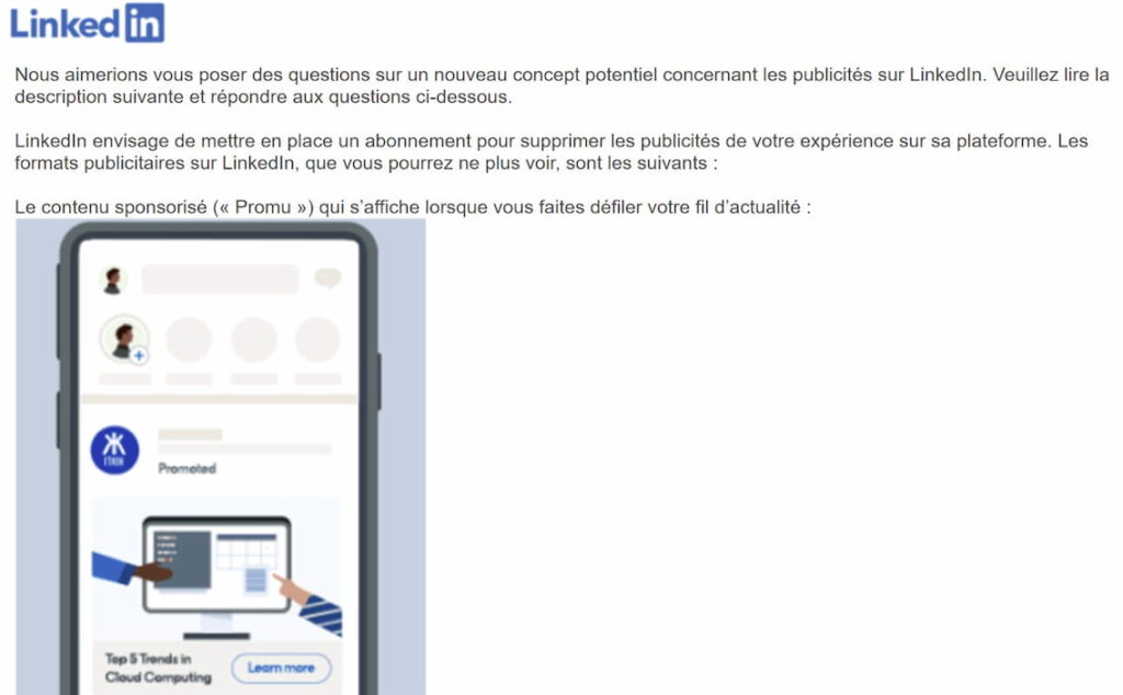 LinkedIn sans publicités : le sondage reçu par certains utilisateurs actifs