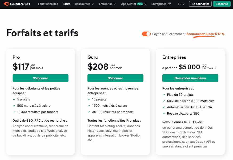 Aperçu des tarifs de SEMrush pour 2024