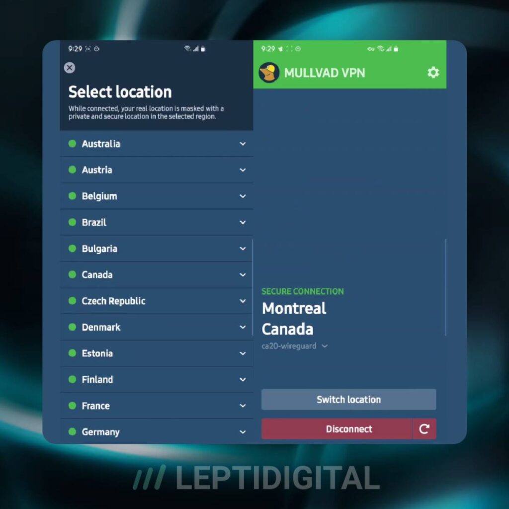 Interface Mullvade VPN Android