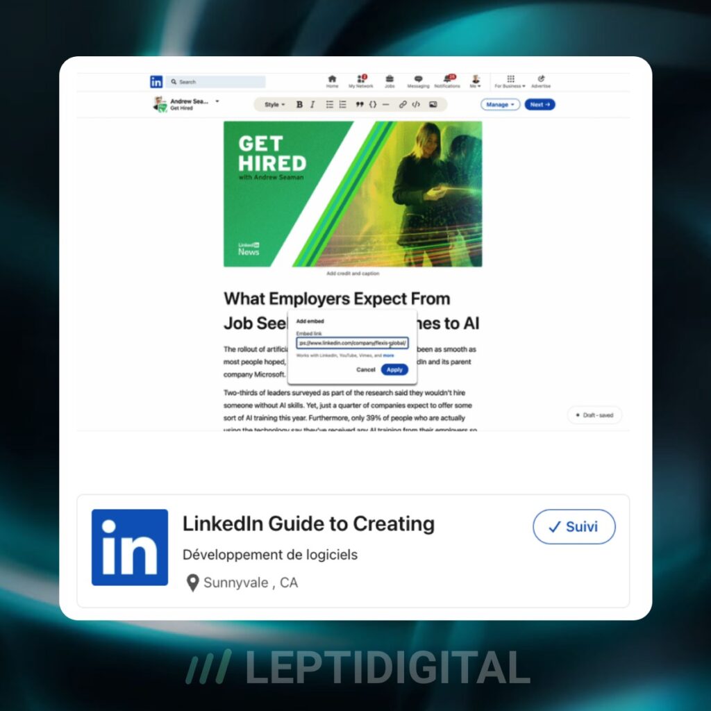 Intégration des pages dans les newsletters LinkedIn