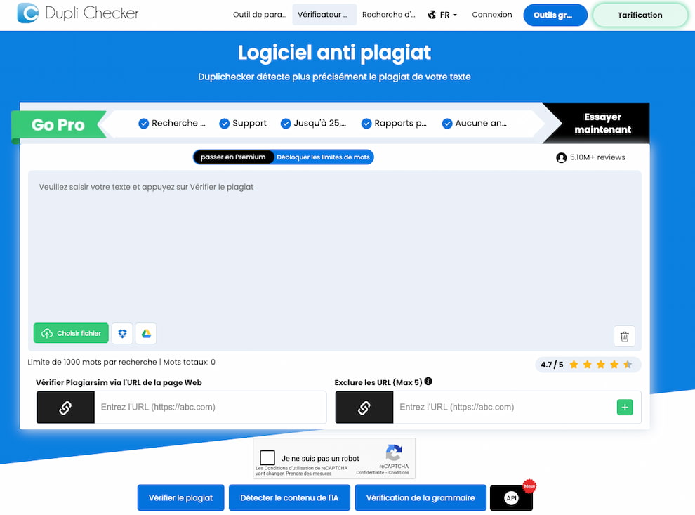 Aperçu de l'interface en ligne de DupliChecker