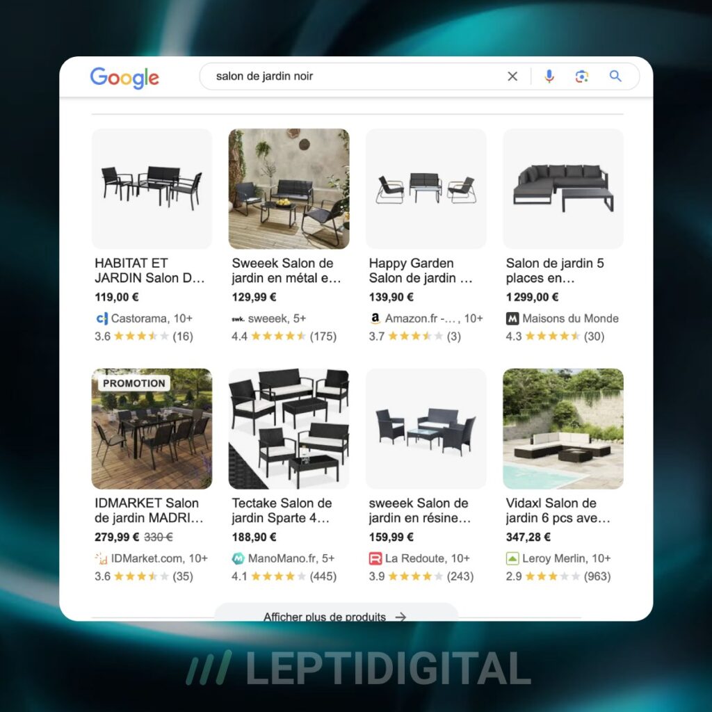 Exemple d'affichage de données structurées de produits dans une section organique située en haut de page et ressemblant à l'interface de Google Shopping