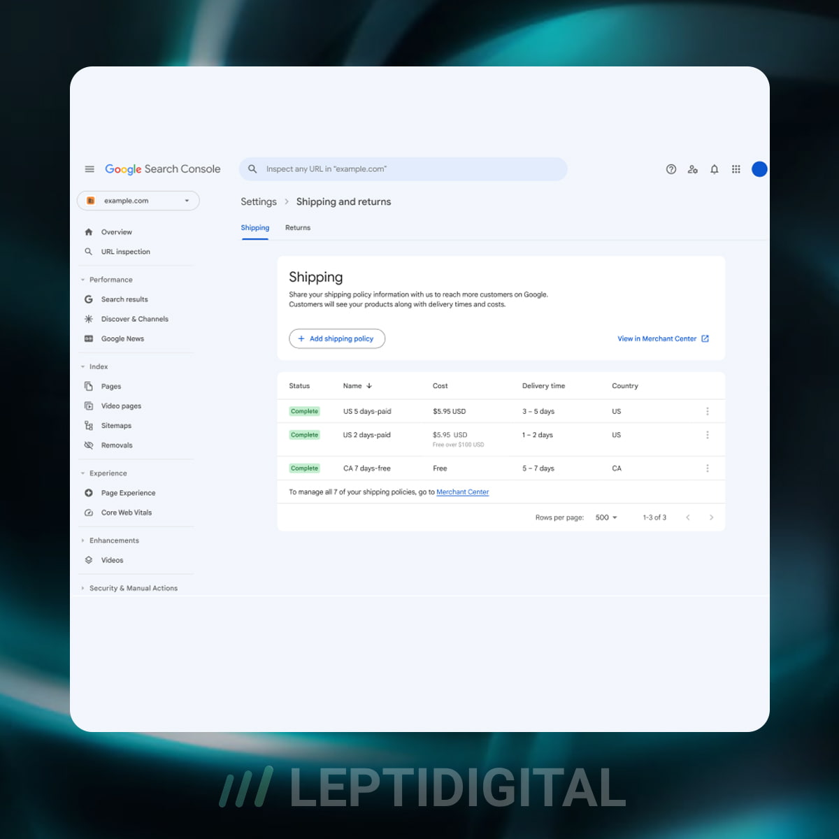 Politique Livraison Retour Google Search Console