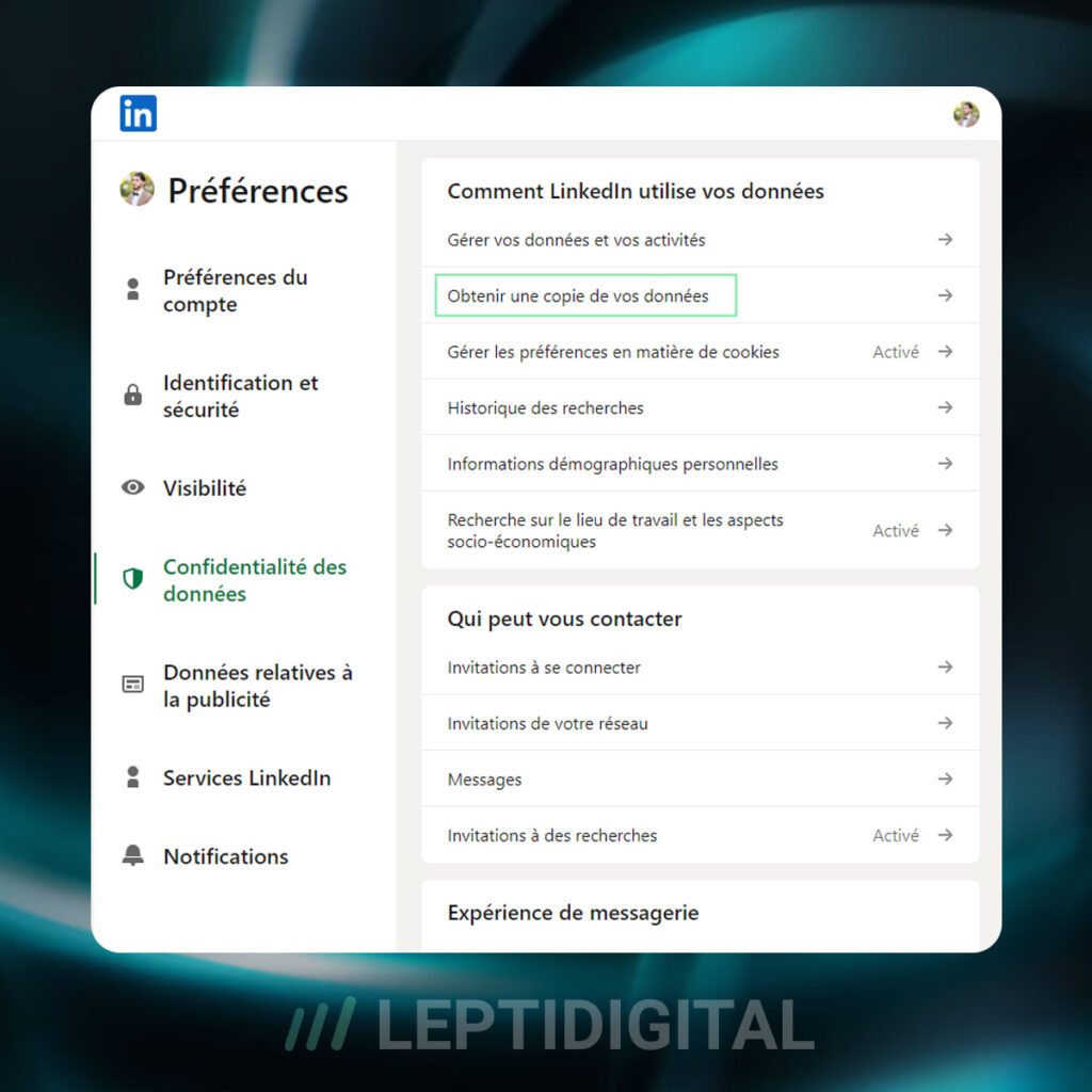 copie données compte linkedin